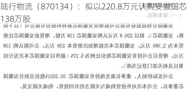 陆行物流（870134）：拟以220.8万元认购安徽国芯138万股