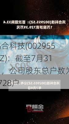 鸿合科技(002955.SZ)：截至7月31日，公司股东总户数为15728户