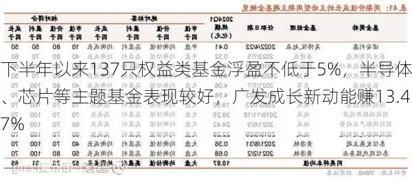 下半年以来137只权益类基金浮盈不低于5%，半导体、芯片等主题基金表现较好，广发成长新动能赚13.47%