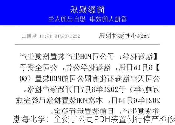 渤海化学：全资子公司PDH装置例行停产检修