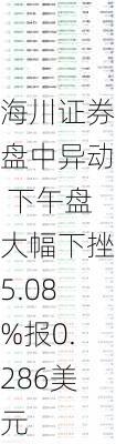 海川证券盘中异动 下午盘大幅下挫5.08%报0.286美元