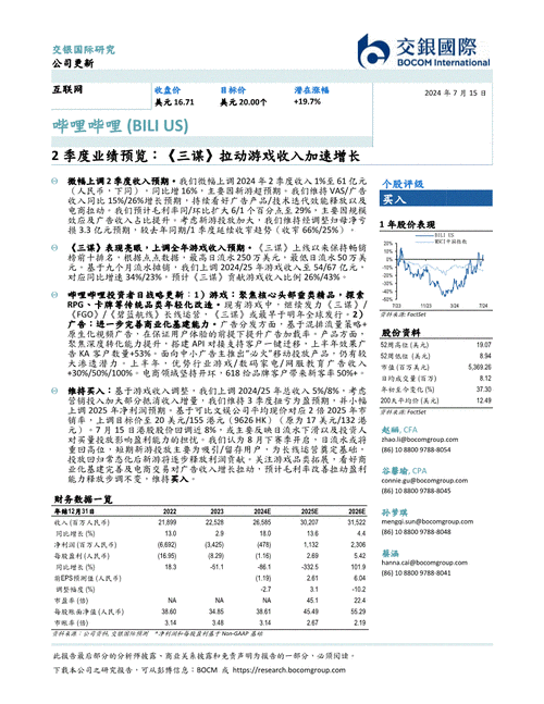 游戏：预计哔哩哔哩2024Q3扭亏为盈，2026年收入20~25亿元，利润3亿元