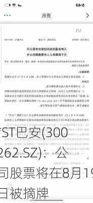 *ST巴安(300262.SZ)：公司股票将在8月19日被摘牌