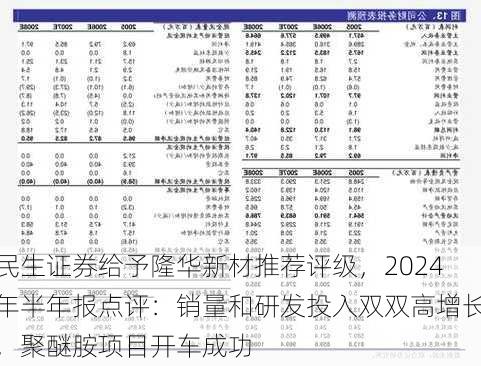 民生证券给予隆华新材推荐评级，2024年半年报点评：销量和研发投入双双高增长，聚醚胺项目开车成功