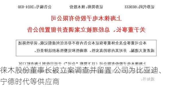 徕木股份董事长被立案调查并留置 公司为比亚迪、宁德时代等供应商