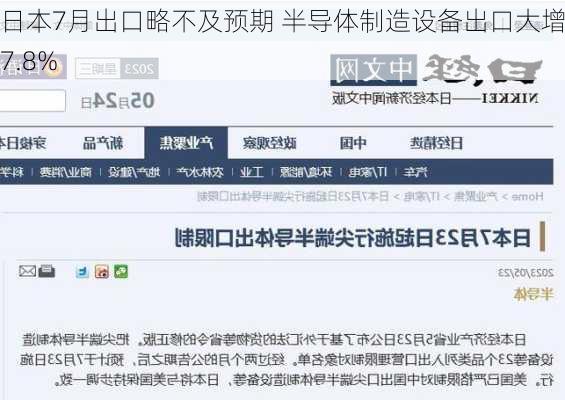 日本7月出口略不及预期 半导体制造设备出口大增27.8%