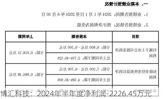 博汇科技：2024年半年度净利润-2226.45万元