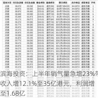 滨海投资：上半年销气量急增23%带动收入增12.1%至35亿港元，利润增至1.68亿