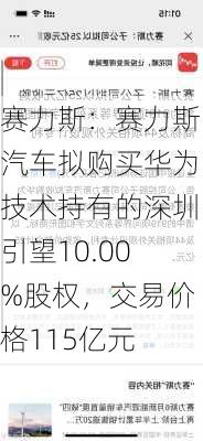 赛力斯：赛力斯汽车拟购买华为技术持有的深圳引望10.00%股权，交易价格115亿元