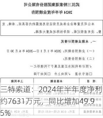 三特索道：2024年半年度净利润约7631万元，同比增加49.95%