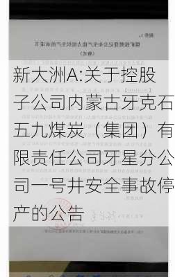 新大洲A:关于控股子公司内蒙古牙克石五九煤炭（集团）有限责任公司牙星分公司一号井安全事故停产的公告