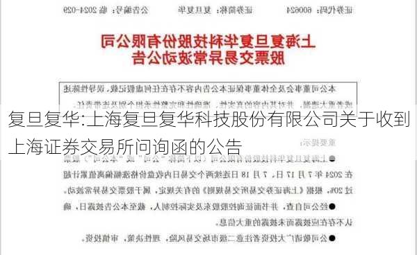 复旦复华:上海复旦复华科技股份有限公司关于收到上海证券交易所问询函的公告