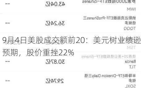 9月4日美股成交额前20：美元树业绩逊预期，股价重挫22%