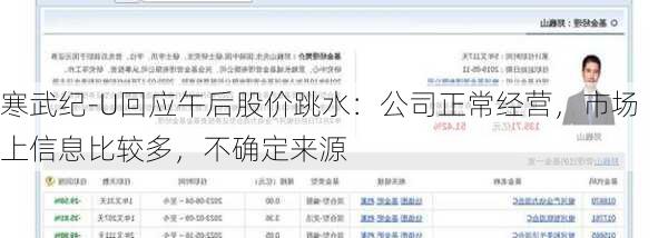 寒武纪-U回应午后股价跳水：公司正常经营，市场上信息比较多，不确定来源