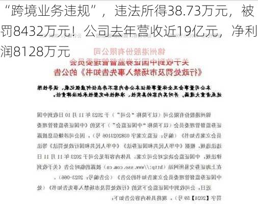 “跨境业务违规”，违法所得38.73万元，被罚8432万元！公司去年营收近19亿元，净利润8128万元