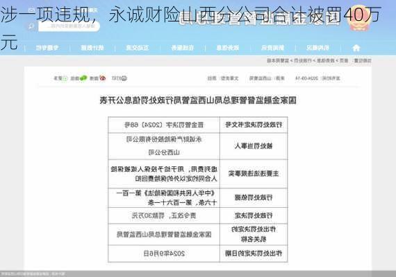 涉一项违规，永诚财险山西分公司合计被罚40万元