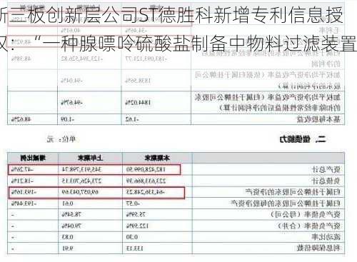 新三板创新层公司ST德胜科新增专利信息授权：“一种腺嘌呤硫酸盐制备中物料过滤装置”