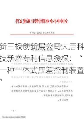 新三板创新层公司大唐科技新增专利信息授权：“一种一体式压差控制装置”