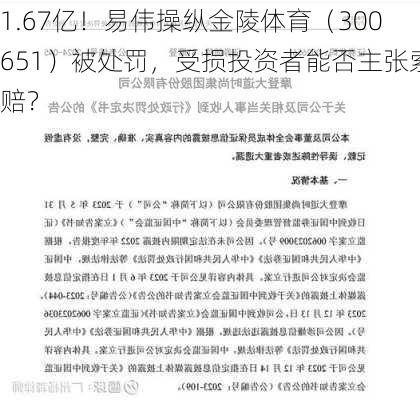 1.67亿！易伟操纵金陵体育（300651）被处罚，受损投资者能否主张索赔？