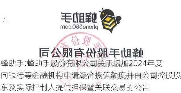 蜂助手:蜂助手股份有限公司关于增加2024年度向银行等金融机构申请综合授信额度并由公司控股股东及实际控制人提供担保暨关联交易的公告