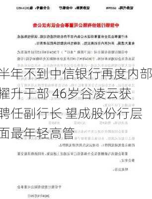 半年不到中信银行再度内部擢升干部 46岁谷凌云获聘任副行长 望成股份行层面最年轻高管