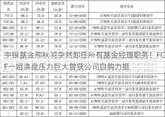 中银基金邢秋羽突然卸任所有基金经理职务！FOF一姐清盘压力巨大曾获公司自购力挺