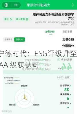 宁德时代：ESG评级升至 AA 级获认可