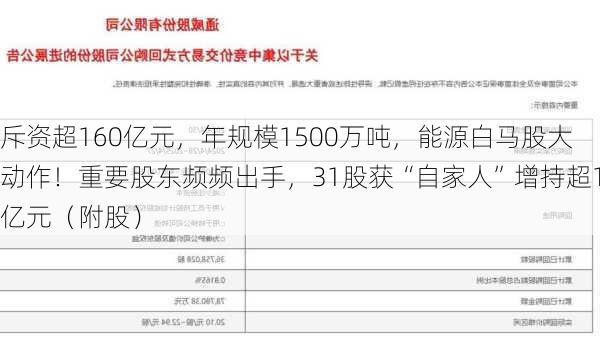 斥资超160亿元，年规模1500万吨，能源白马股大动作！重要股东频频出手，31股获“自家人”增持超1亿元（附股）