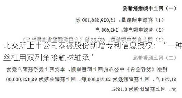 北交所上市公司泰德股份新增专利信息授权：“一种丝杠用双列角接触球轴承”