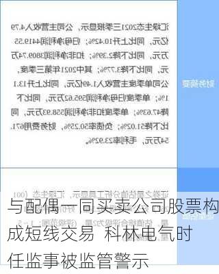 与配偶一同买卖公司股票构成短线交易  科林电气时任监事被监管警示