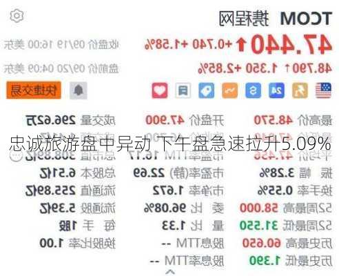 忠诚旅游盘中异动 下午盘急速拉升5.09%