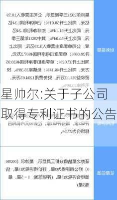 星帅尔:关于子公司取得专利证书的公告