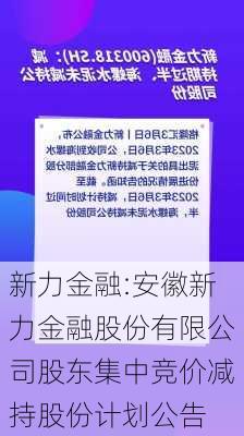 新力金融:安徽新力金融股份有限公司股东集中竞价减持股份计划公告