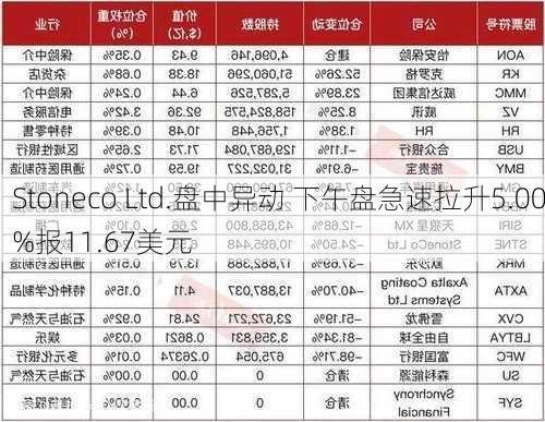 Stoneco Ltd.盘中异动 下午盘急速拉升5.00%报11.67美元