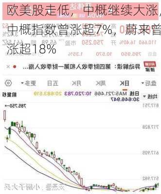 欧美股走低，中概继续大涨，中概指数曾涨超7%，蔚来曾涨超18%