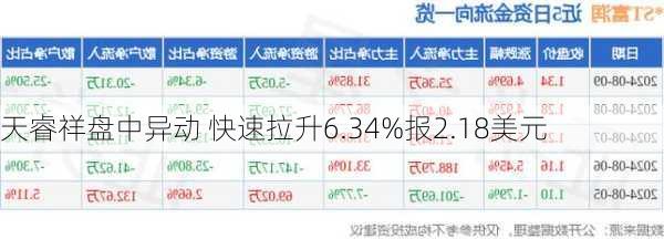 天睿祥盘中异动 快速拉升6.34%报2.18美元