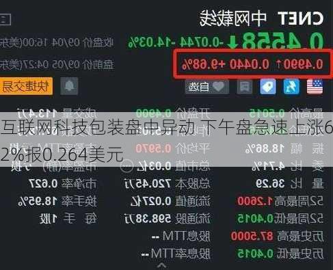 互联网科技包装盘中异动 下午盘急速上涨6.02%报0.264美元