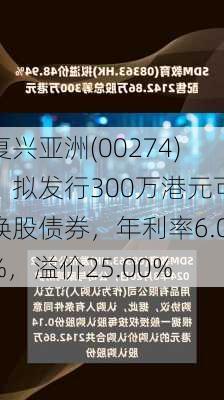 复兴亚洲(00274)：拟发行300万港元可换股债券，年利率6.0%，溢价25.00%