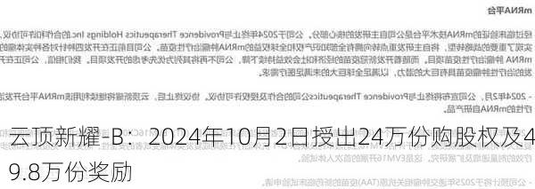 云顶新耀-B：2024年10月2日授出24万份购股权及49.8万份奖励