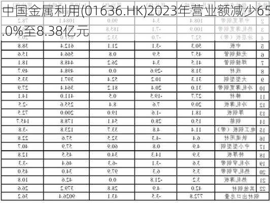 中国金属利用(01636.HK)2023年营业额减少65.0%至8.38亿元