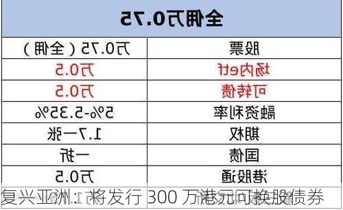 复兴亚洲：将发行 300 万港元可换股债券