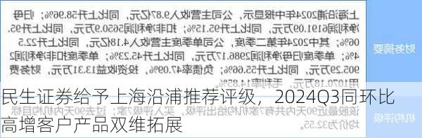 民生证券给予上海沿浦推荐评级，2024Q3同环比高增客户产品双维拓展