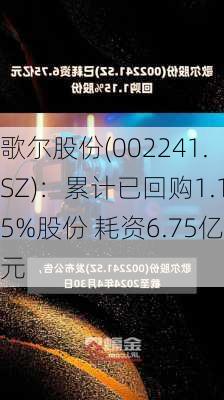 歌尔股份(002241.SZ)：累计已回购1.15%股份 耗资6.75亿元