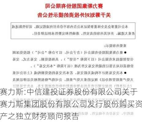 赛力斯:中信建投证券股份有限公司关于赛力斯集团股份有限公司发行股份购买资产之独立财务顾问报告