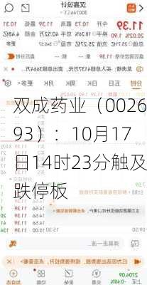 双成药业（002693）：10月17日14时23分触及跌停板